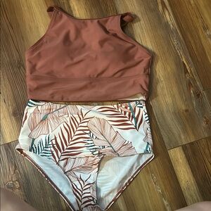 Amazon Essentials Brown and White Bikini High Neck Crop Top